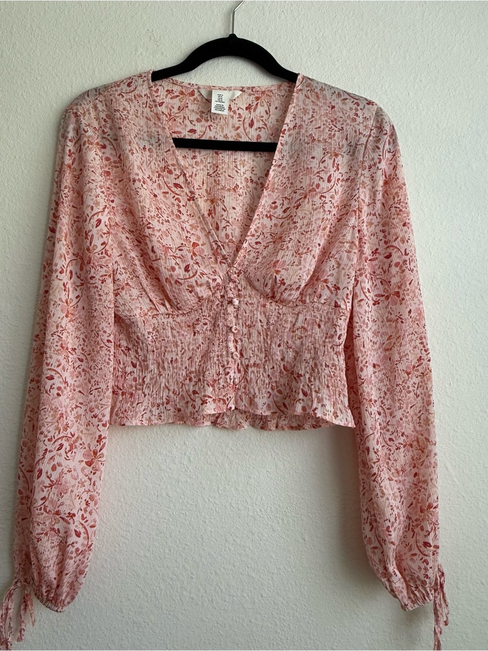 H&M Pink Floral V-Neck Smocked Waist Blouse